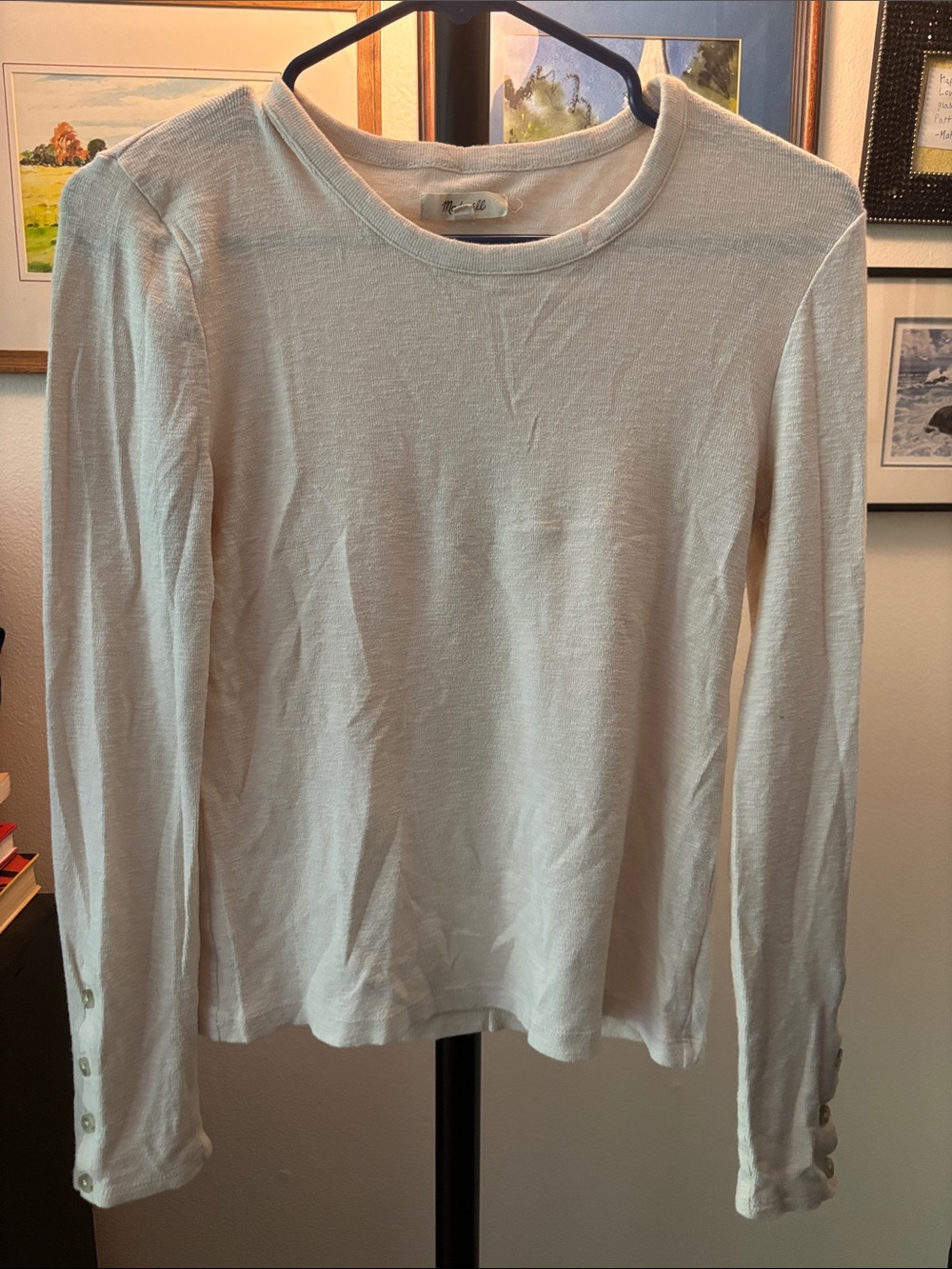 Madewell Cream Long-Sleeve Crewneck Top with Button Cuffs